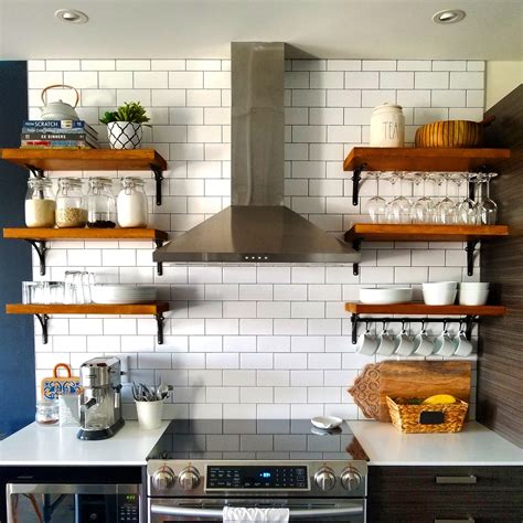 open shelving next to cabinets